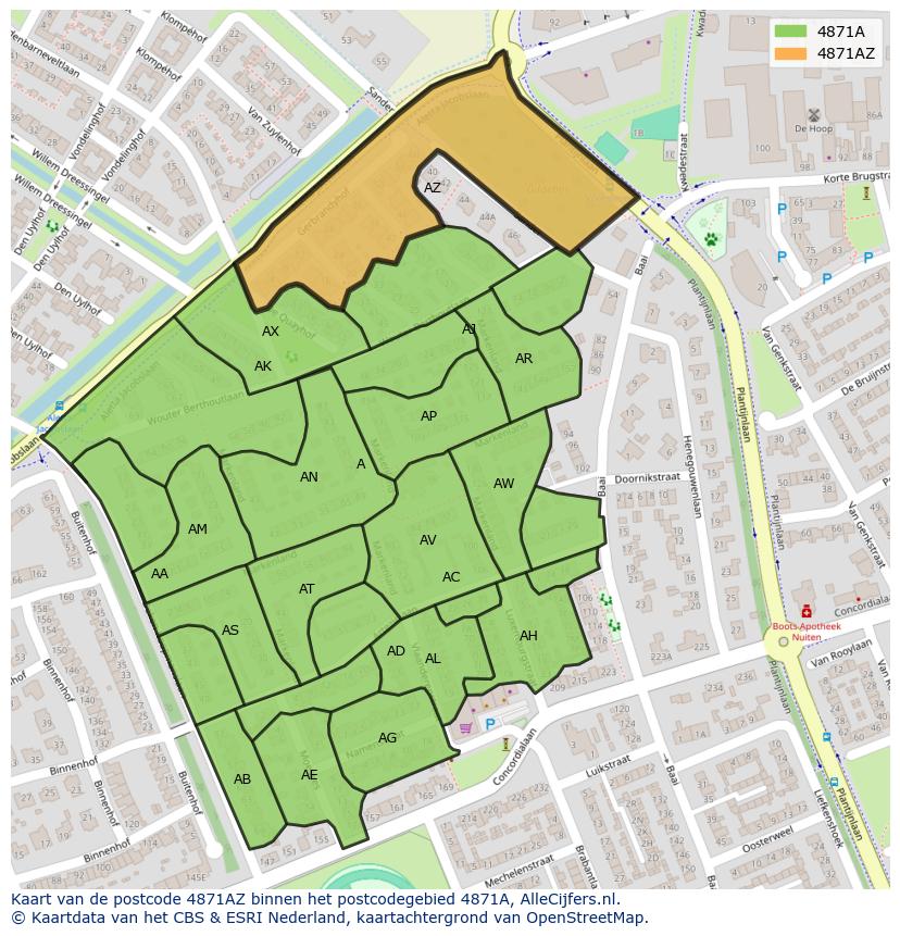 Afbeelding van het postcodegebied 4871 AZ op de kaart.