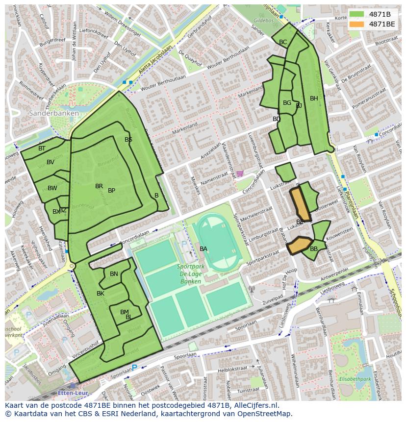 Afbeelding van het postcodegebied 4871 BE op de kaart.
