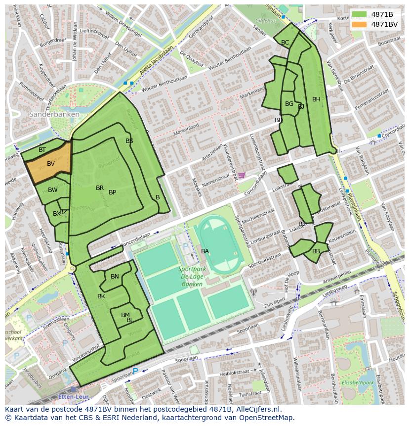 Afbeelding van het postcodegebied 4871 BV op de kaart.
