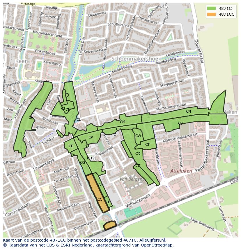 Afbeelding van het postcodegebied 4871 CC op de kaart.