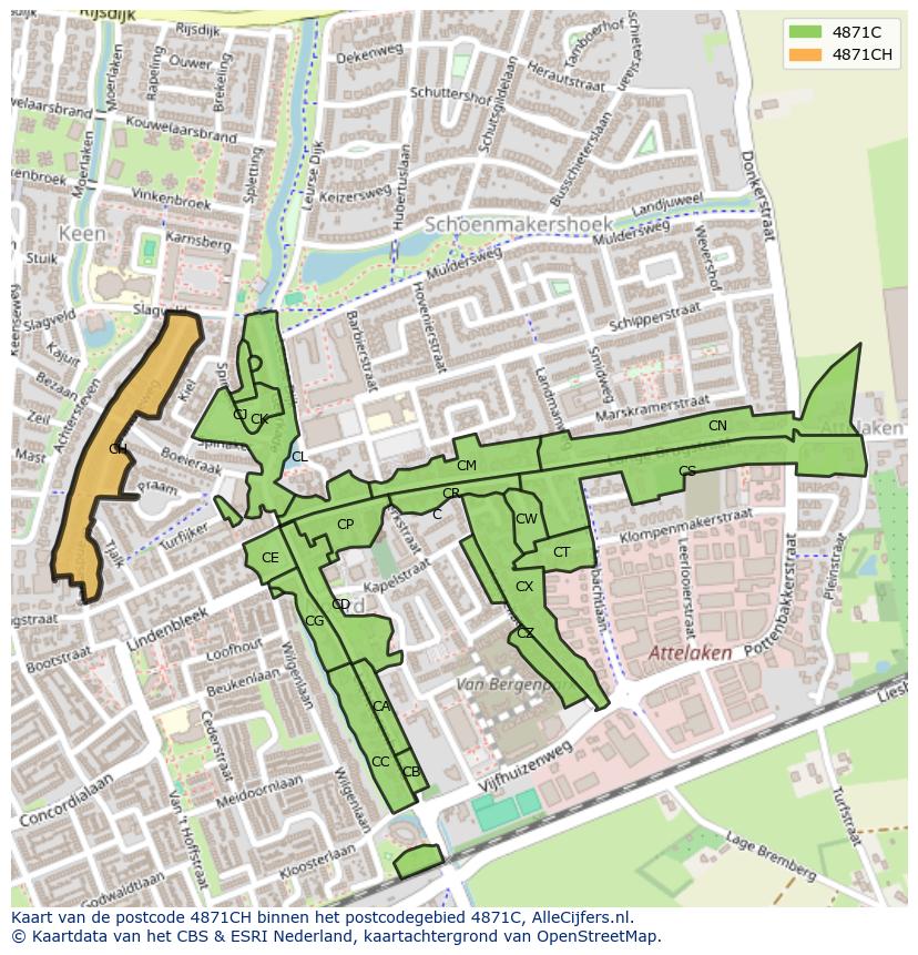 Afbeelding van het postcodegebied 4871 CH op de kaart.