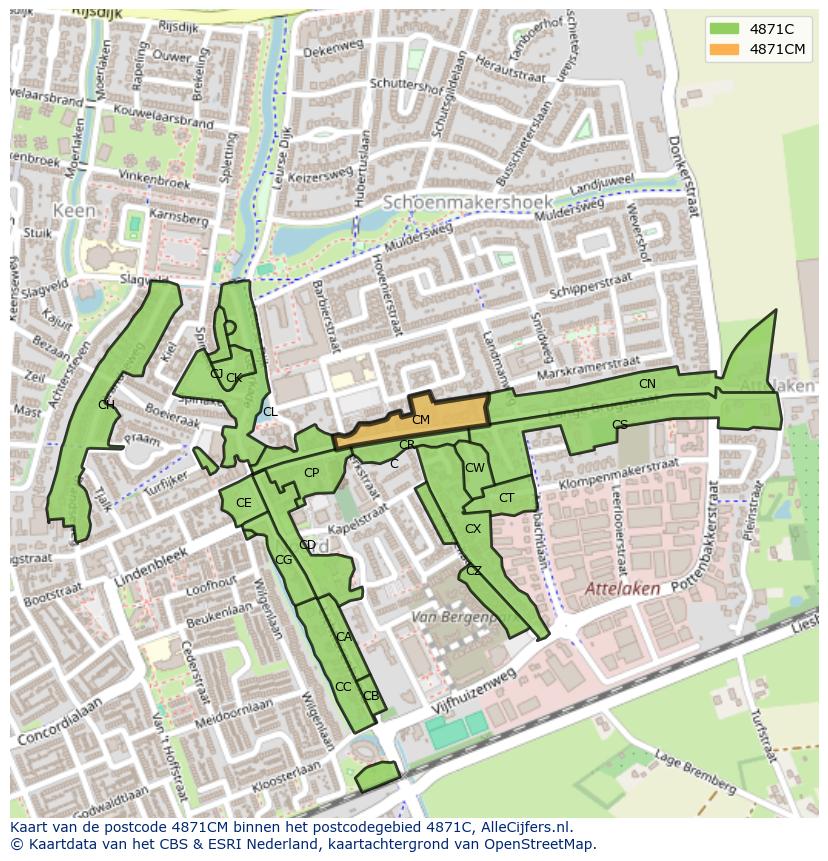 Afbeelding van het postcodegebied 4871 CM op de kaart.