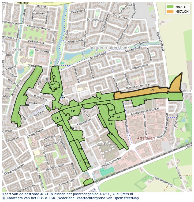 Afbeelding van het postcodegebied 4871 CN op de kaart.