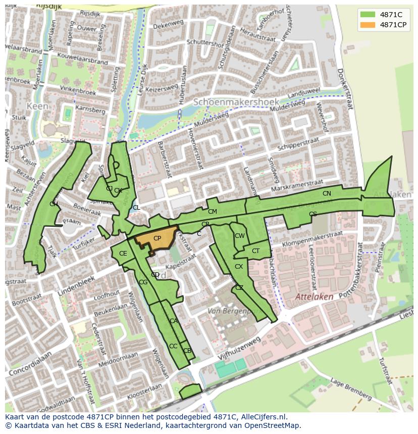 Afbeelding van het postcodegebied 4871 CP op de kaart.