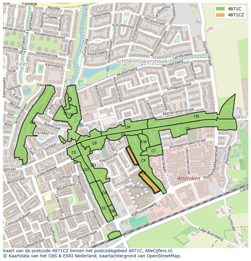 Afbeelding van het postcodegebied 4871 CZ op de kaart.