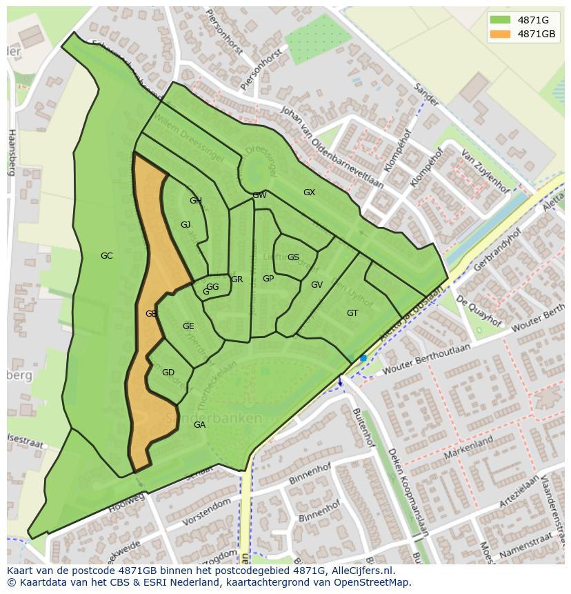 Afbeelding van het postcodegebied 4871 GB op de kaart.