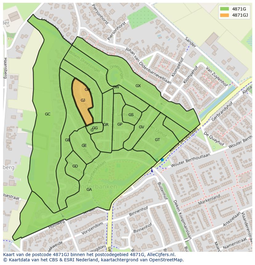 Afbeelding van het postcodegebied 4871 GJ op de kaart.