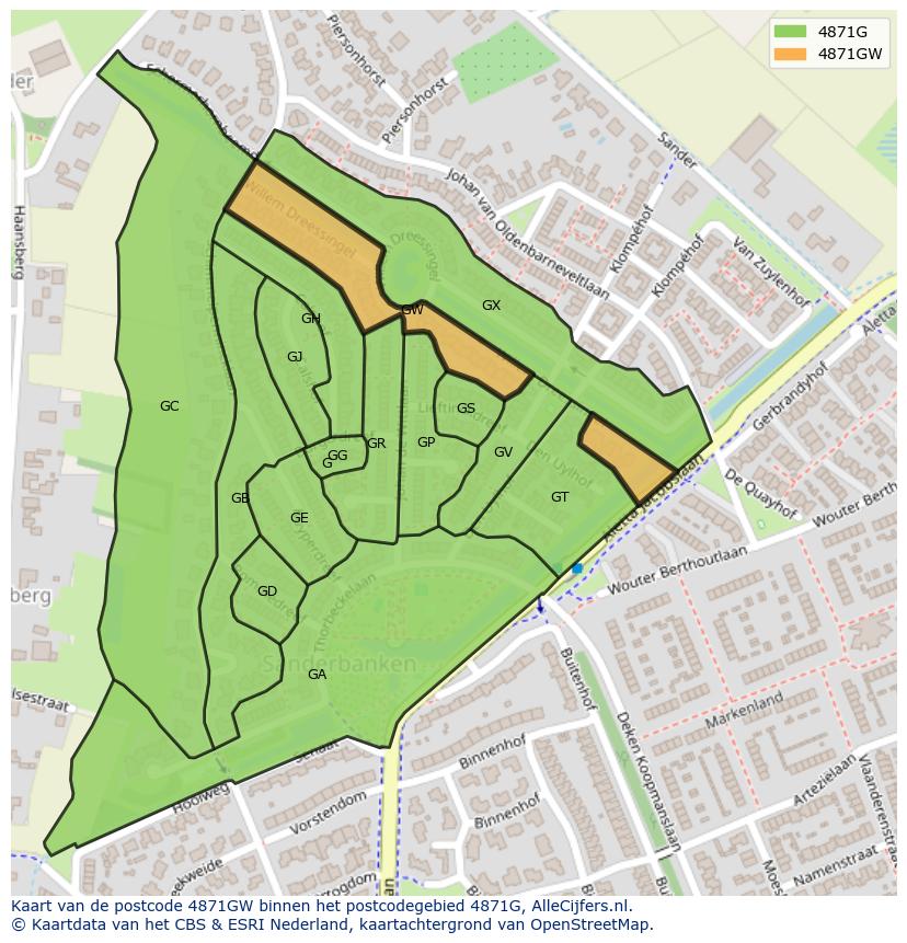 Afbeelding van het postcodegebied 4871 GW op de kaart.