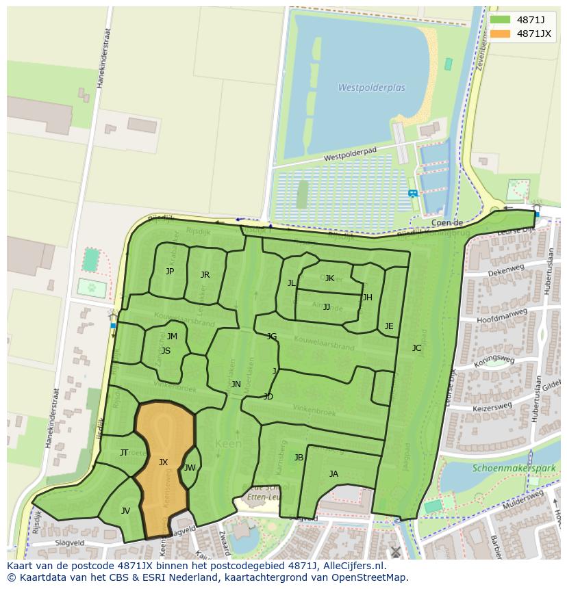 Afbeelding van het postcodegebied 4871 JX op de kaart.