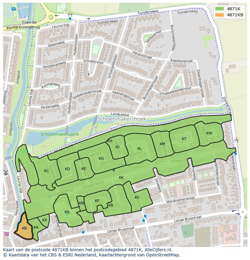 Afbeelding van het postcodegebied 4871 KB op de kaart.