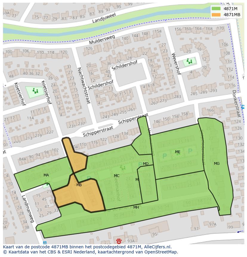 Afbeelding van het postcodegebied 4871 MB op de kaart.