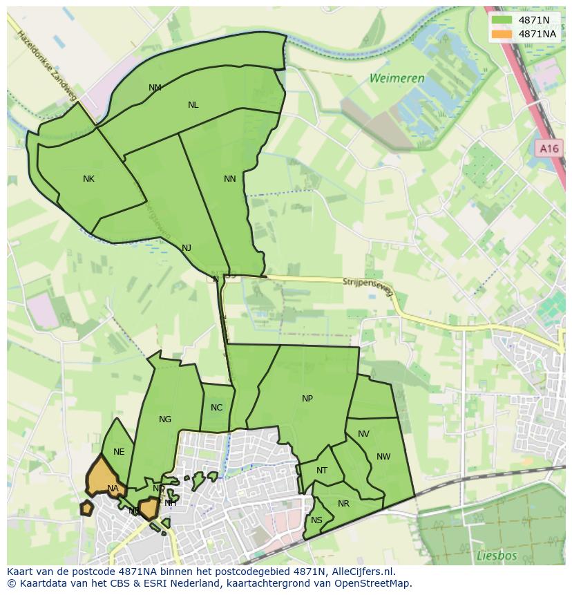 Afbeelding van het postcodegebied 4871 NA op de kaart.