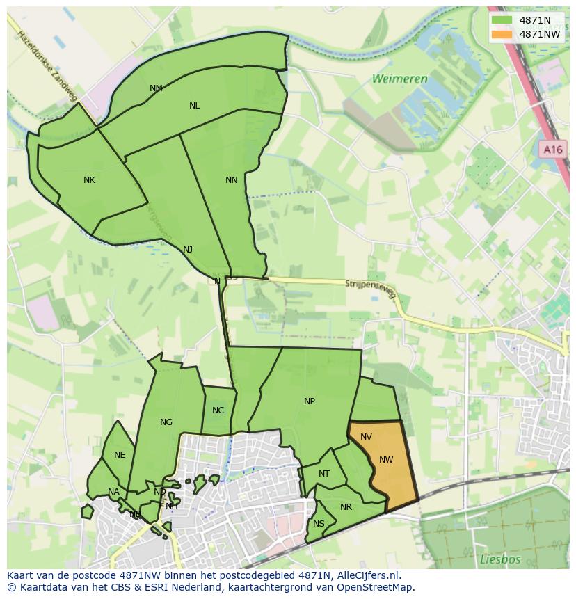 Afbeelding van het postcodegebied 4871 NW op de kaart.