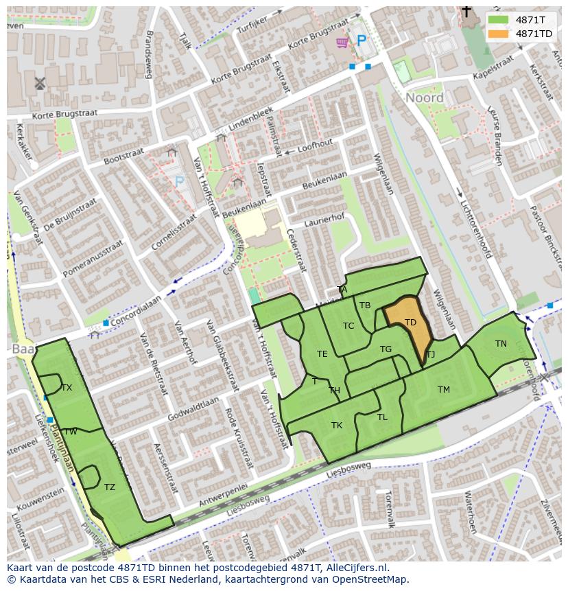 Afbeelding van het postcodegebied 4871 TD op de kaart.