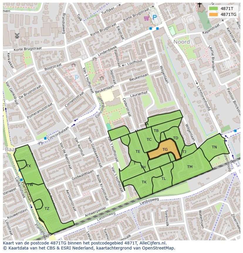 Afbeelding van het postcodegebied 4871 TG op de kaart.