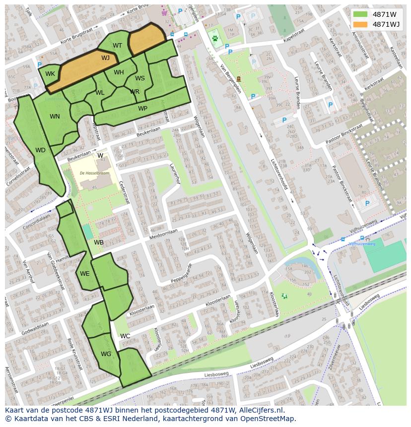 Afbeelding van het postcodegebied 4871 WJ op de kaart.