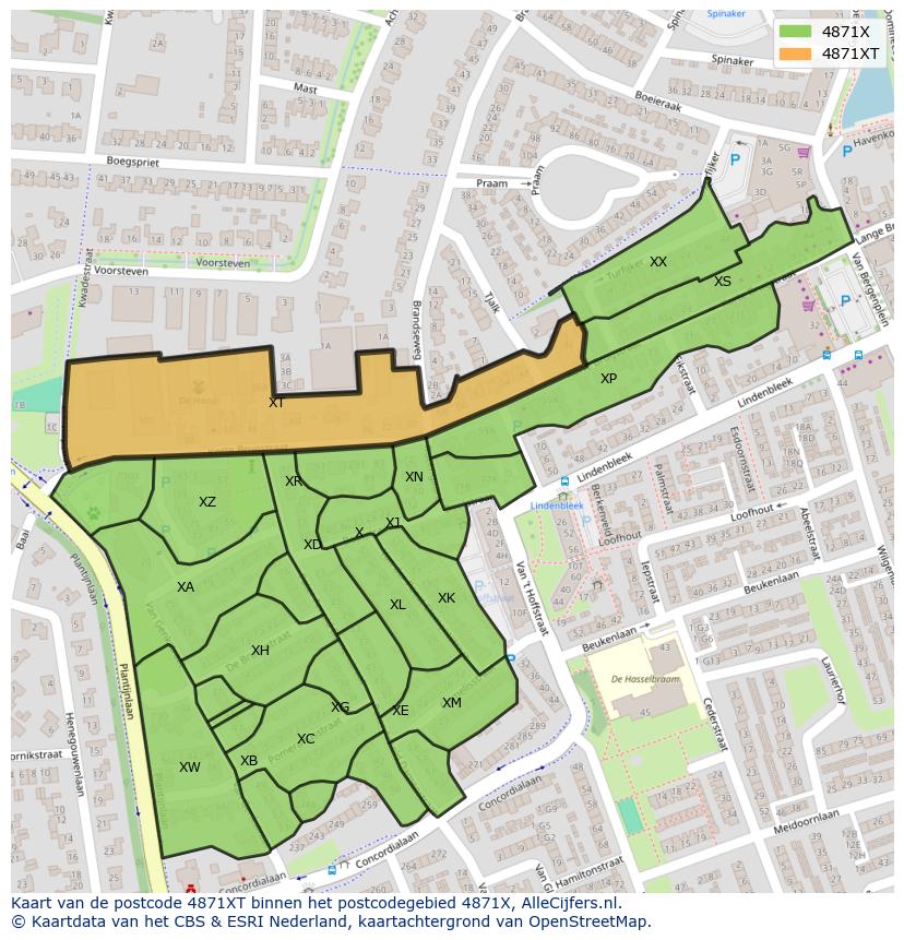 Afbeelding van het postcodegebied 4871 XT op de kaart.