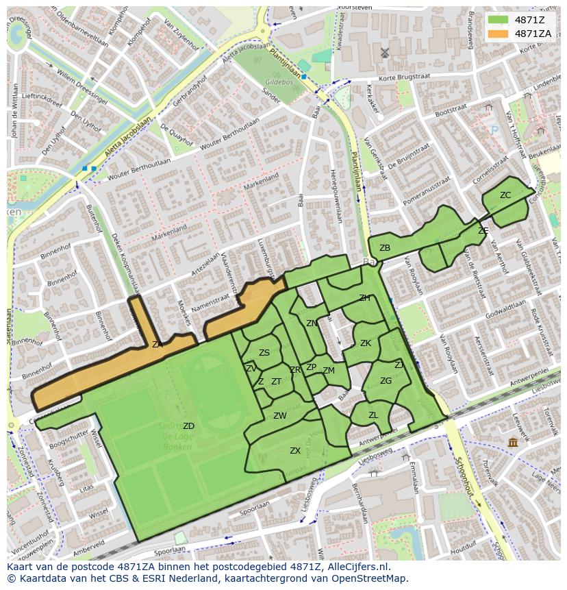 Afbeelding van het postcodegebied 4871 ZA op de kaart.
