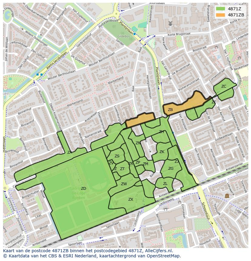 Afbeelding van het postcodegebied 4871 ZB op de kaart.