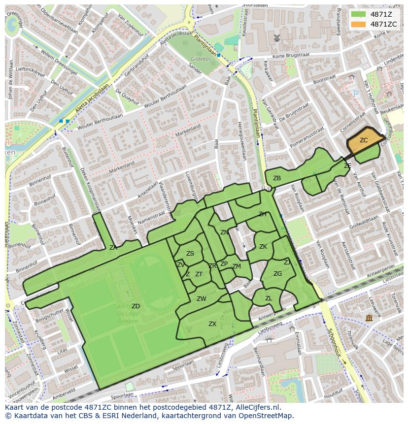 Afbeelding van het postcodegebied 4871 ZC op de kaart.