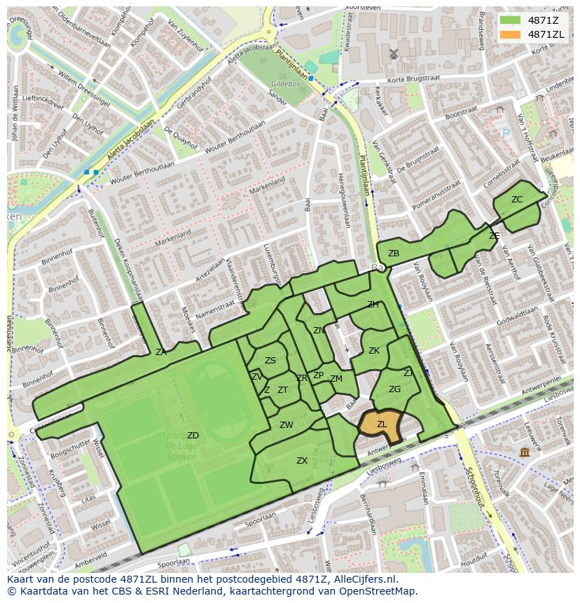 Afbeelding van het postcodegebied 4871 ZL op de kaart.