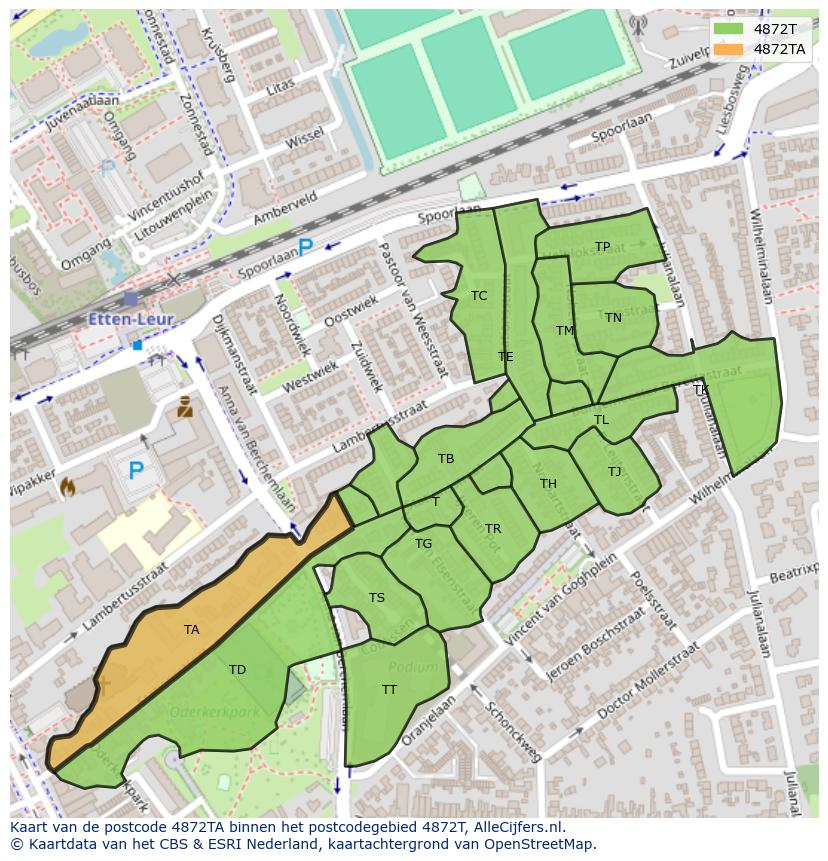 Afbeelding van het postcodegebied 4872 TA op de kaart.