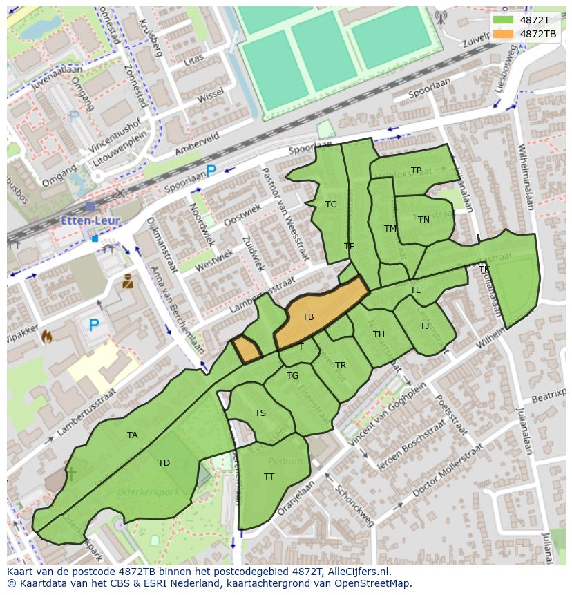Afbeelding van het postcodegebied 4872 TB op de kaart.