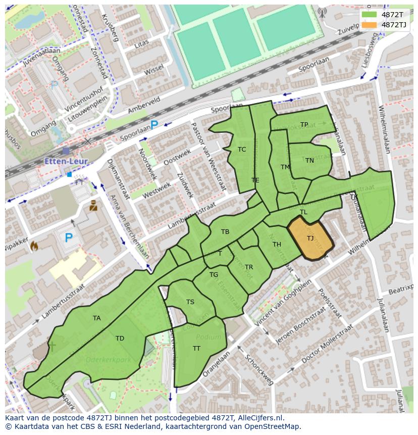 Afbeelding van het postcodegebied 4872 TJ op de kaart.