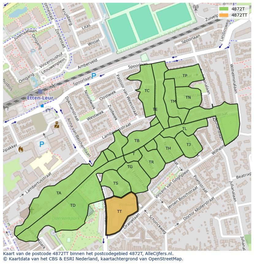 Afbeelding van het postcodegebied 4872 TT op de kaart.