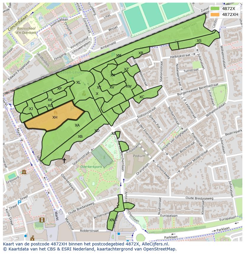 Afbeelding van het postcodegebied 4872 XH op de kaart.
