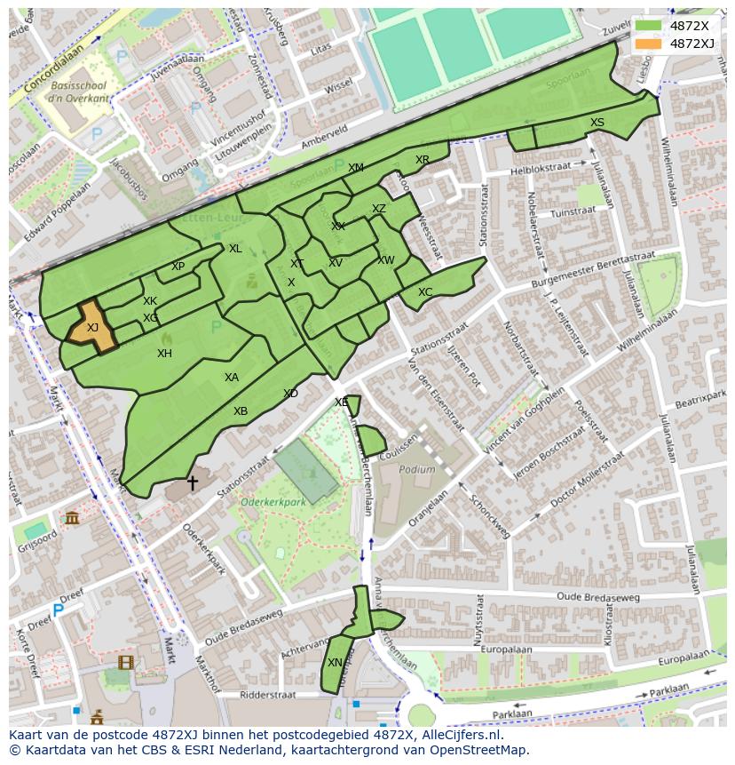 Afbeelding van het postcodegebied 4872 XJ op de kaart.
