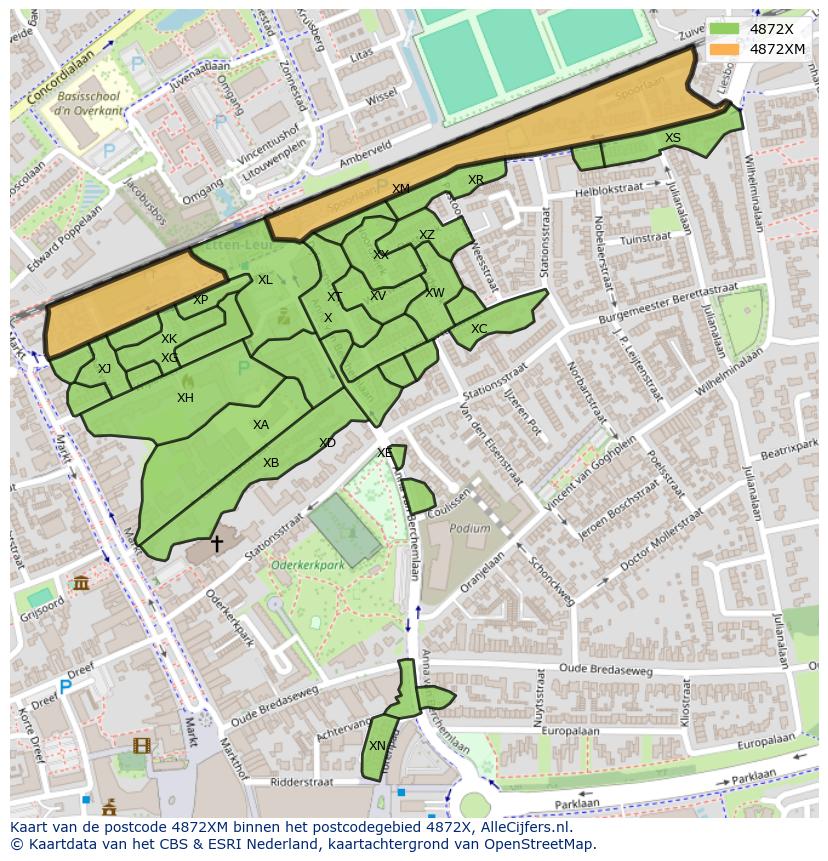 Afbeelding van het postcodegebied 4872 XM op de kaart.
