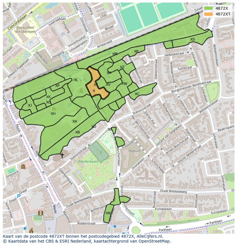 Afbeelding van het postcodegebied 4872 XT op de kaart.