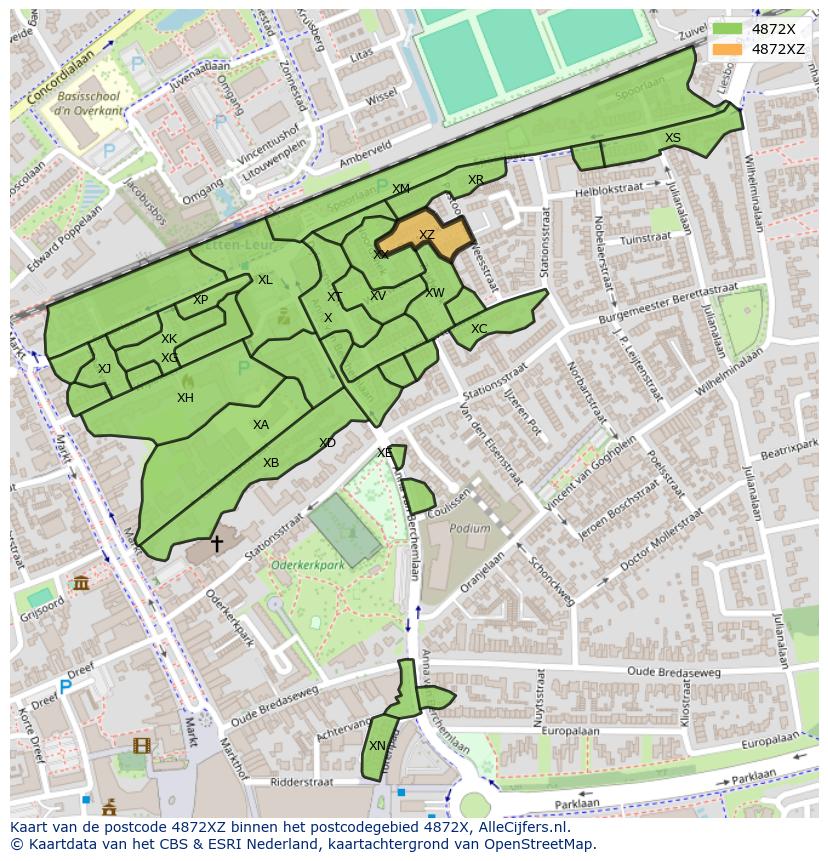 Afbeelding van het postcodegebied 4872 XZ op de kaart.