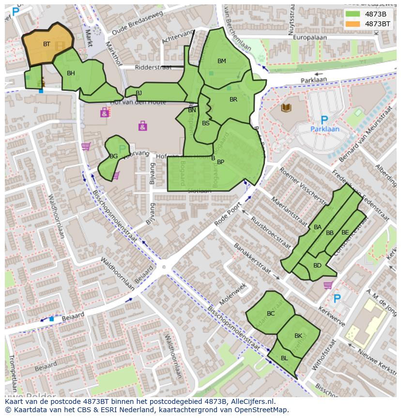 Afbeelding van het postcodegebied 4873 BT op de kaart.