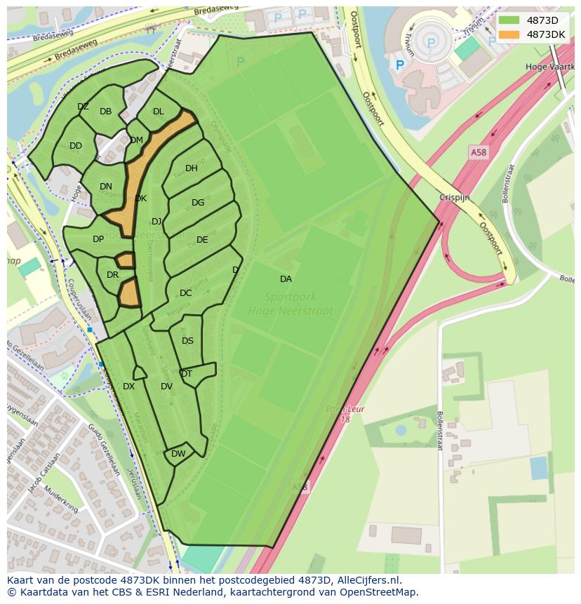 Afbeelding van het postcodegebied 4873 DK op de kaart.