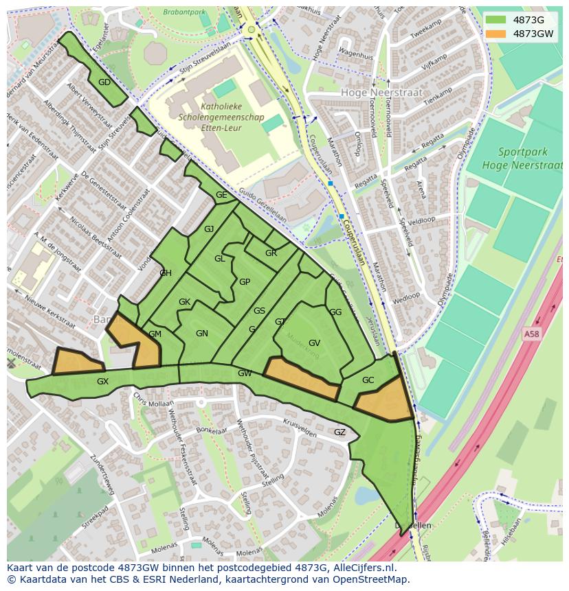 Afbeelding van het postcodegebied 4873 GW op de kaart.