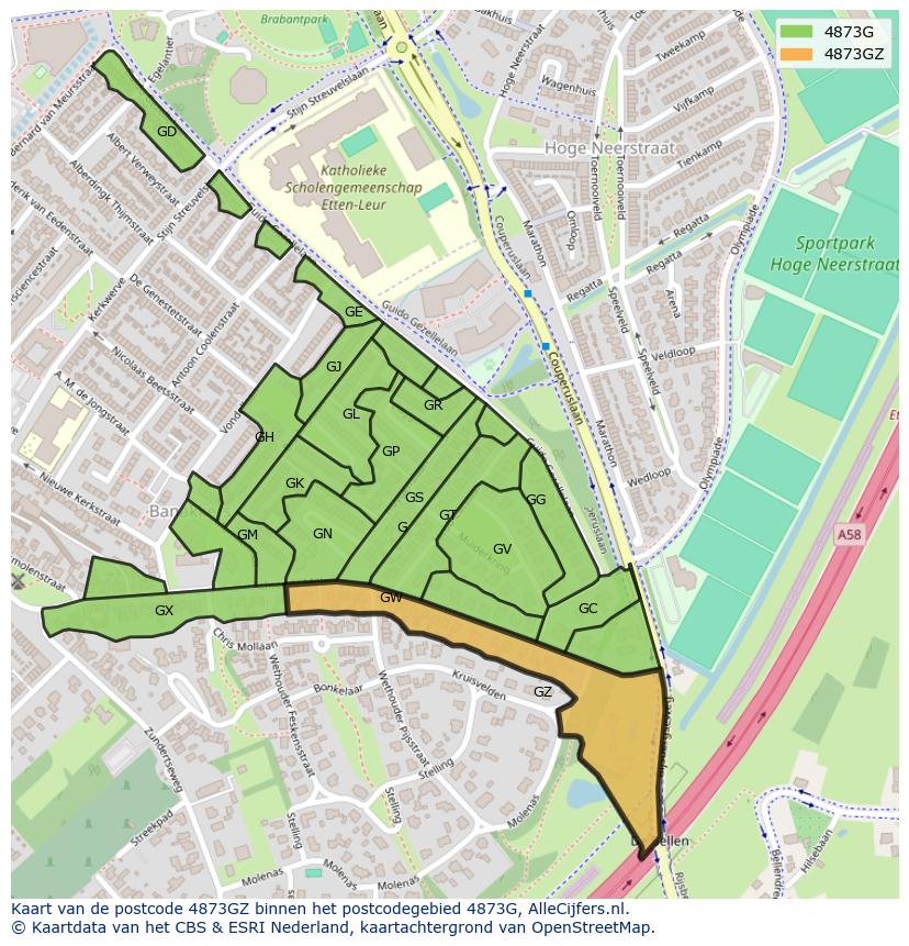 Afbeelding van het postcodegebied 4873 GZ op de kaart.