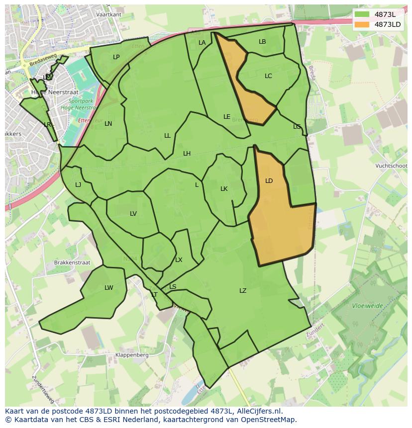 Afbeelding van het postcodegebied 4873 LD op de kaart.