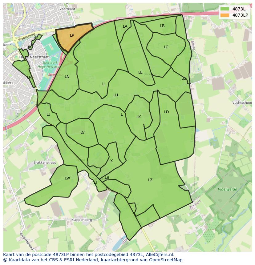Afbeelding van het postcodegebied 4873 LP op de kaart.