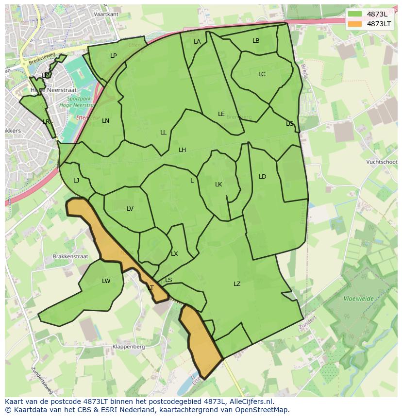 Afbeelding van het postcodegebied 4873 LT op de kaart.