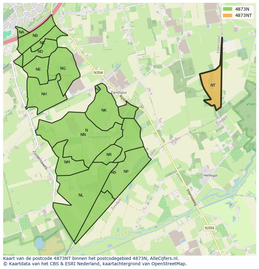 Afbeelding van het postcodegebied 4873 NT op de kaart.
