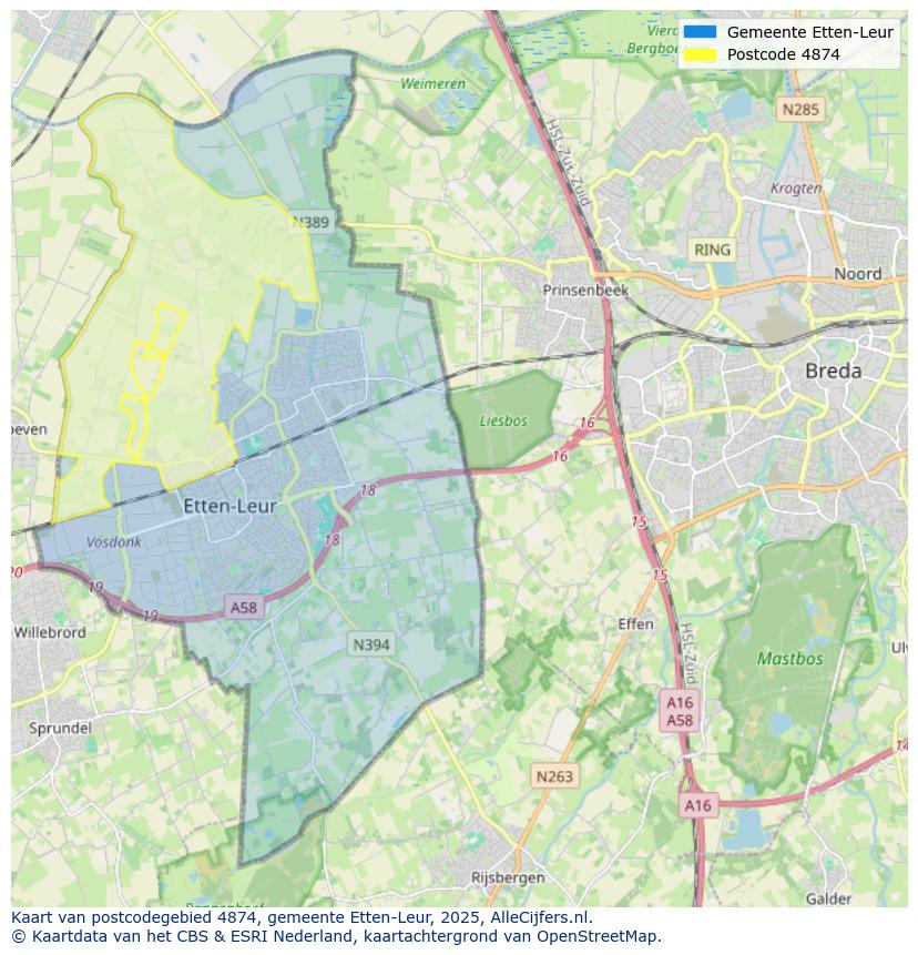 Afbeelding van het postcodegebied 4874 op de kaart.