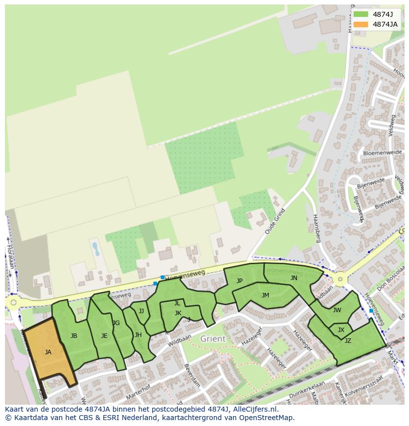 Afbeelding van het postcodegebied 4874 JA op de kaart.