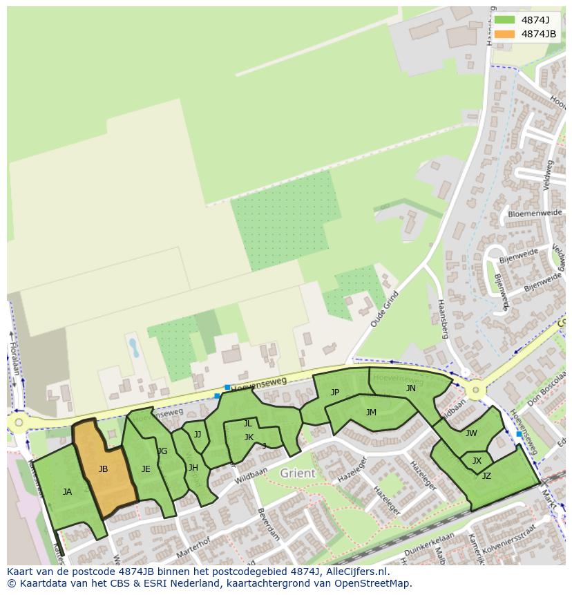 Afbeelding van het postcodegebied 4874 JB op de kaart.