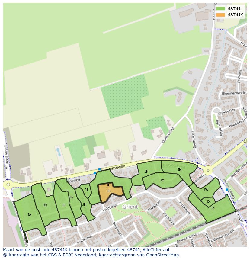 Afbeelding van het postcodegebied 4874 JK op de kaart.