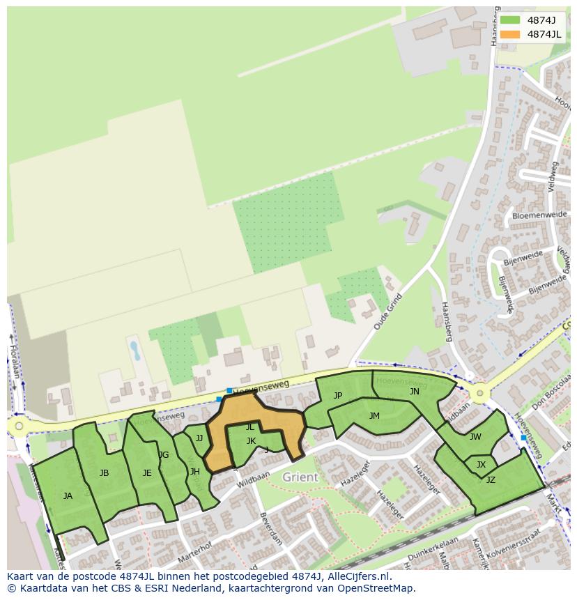Afbeelding van het postcodegebied 4874 JL op de kaart.