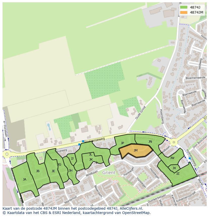 Afbeelding van het postcodegebied 4874 JM op de kaart.