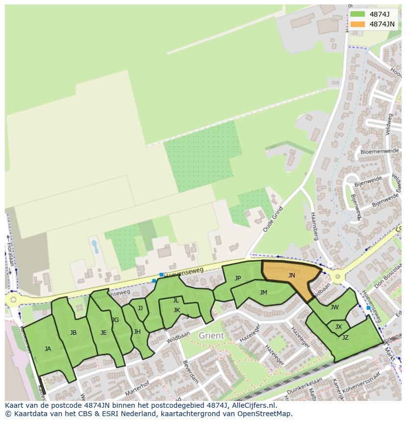 Afbeelding van het postcodegebied 4874 JN op de kaart.