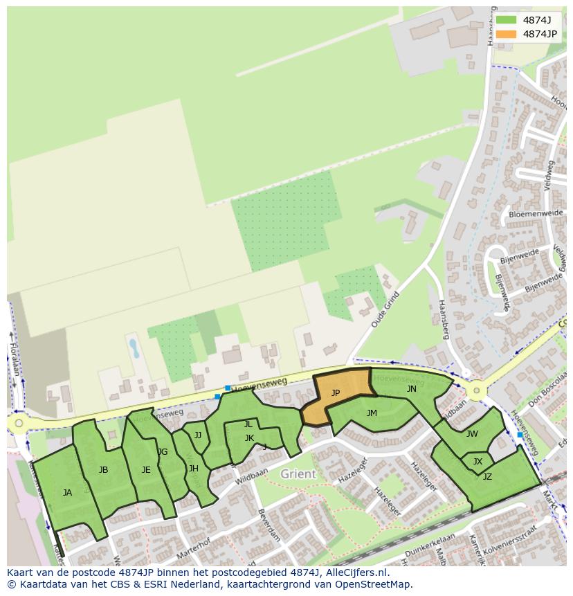 Afbeelding van het postcodegebied 4874 JP op de kaart.